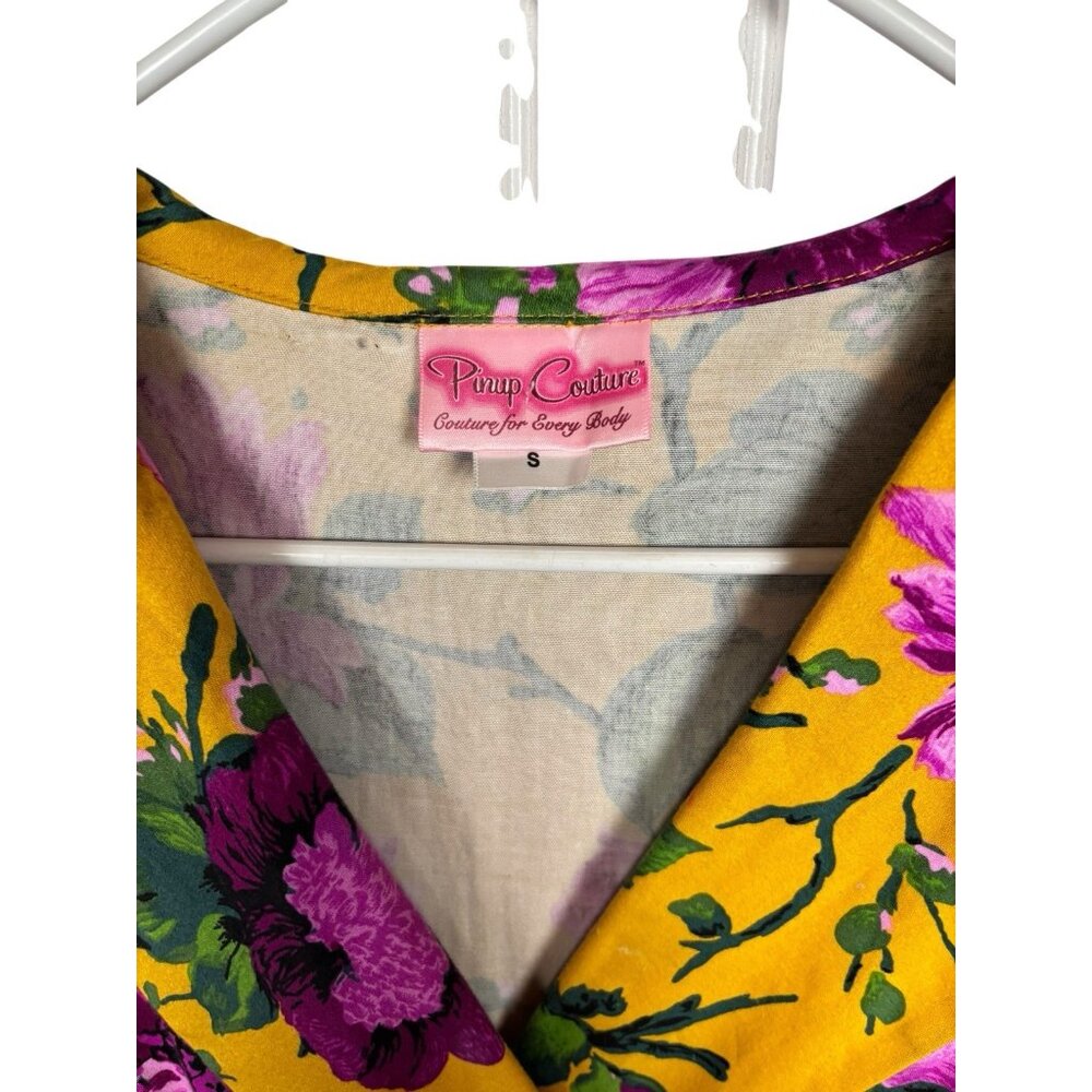 Pinup Couture Dress Womens Small Birdie Swing Skirt Floral Mustard 1950s Glamour - Picture 3 of 9
